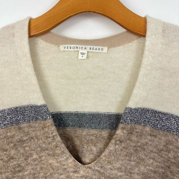 Veronica Beard Miley Colorblock V-neck Sweater Ivory Multi Metallic Relaxed sz S - Picture 3 of 9